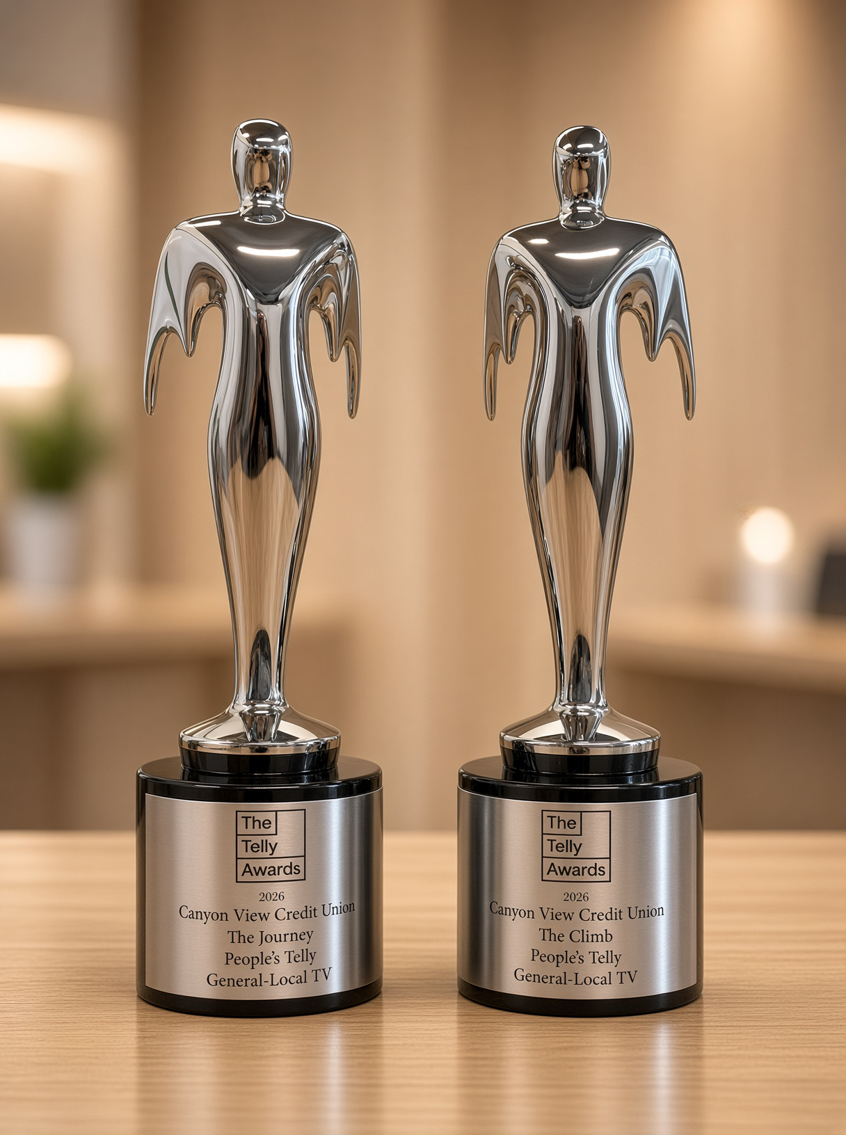 Two 2026 People's Telly Award statuettes for Canyon View Credit Union, The Journey and The Climb