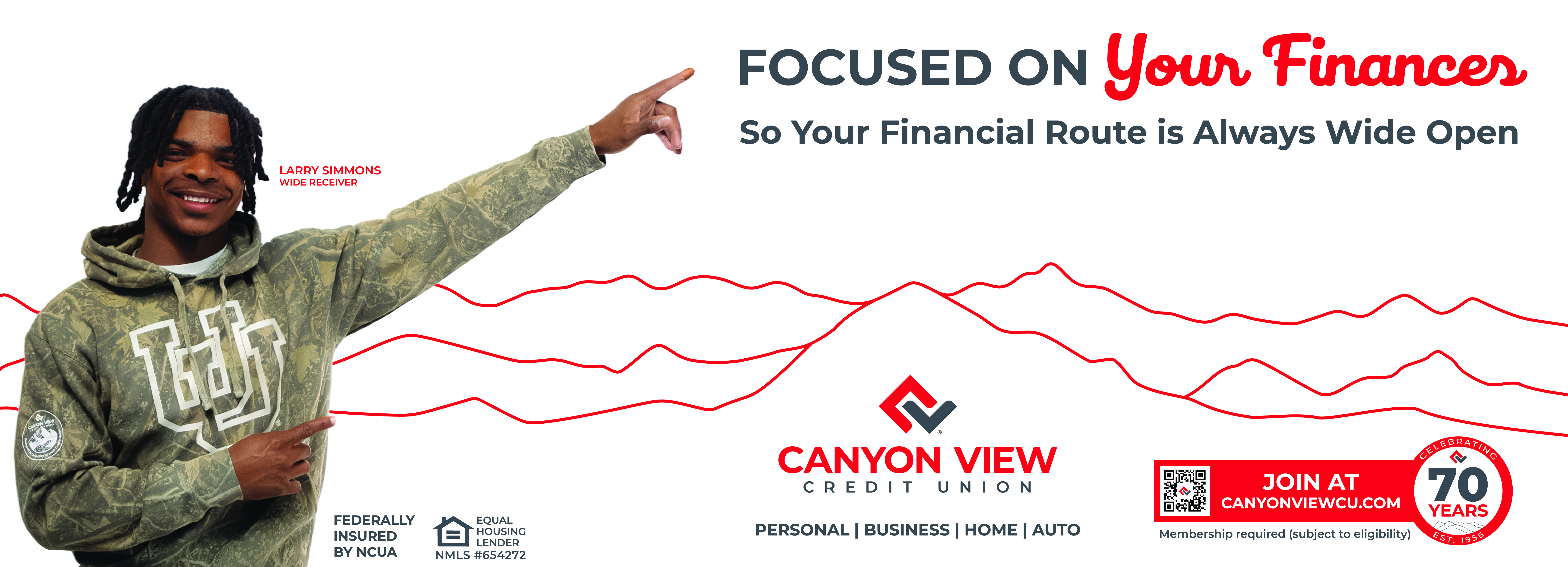 Ultrawide banner reading Hands-On Financial Services, Shaping Your Financial Journey, with Larry Simmons holding a football