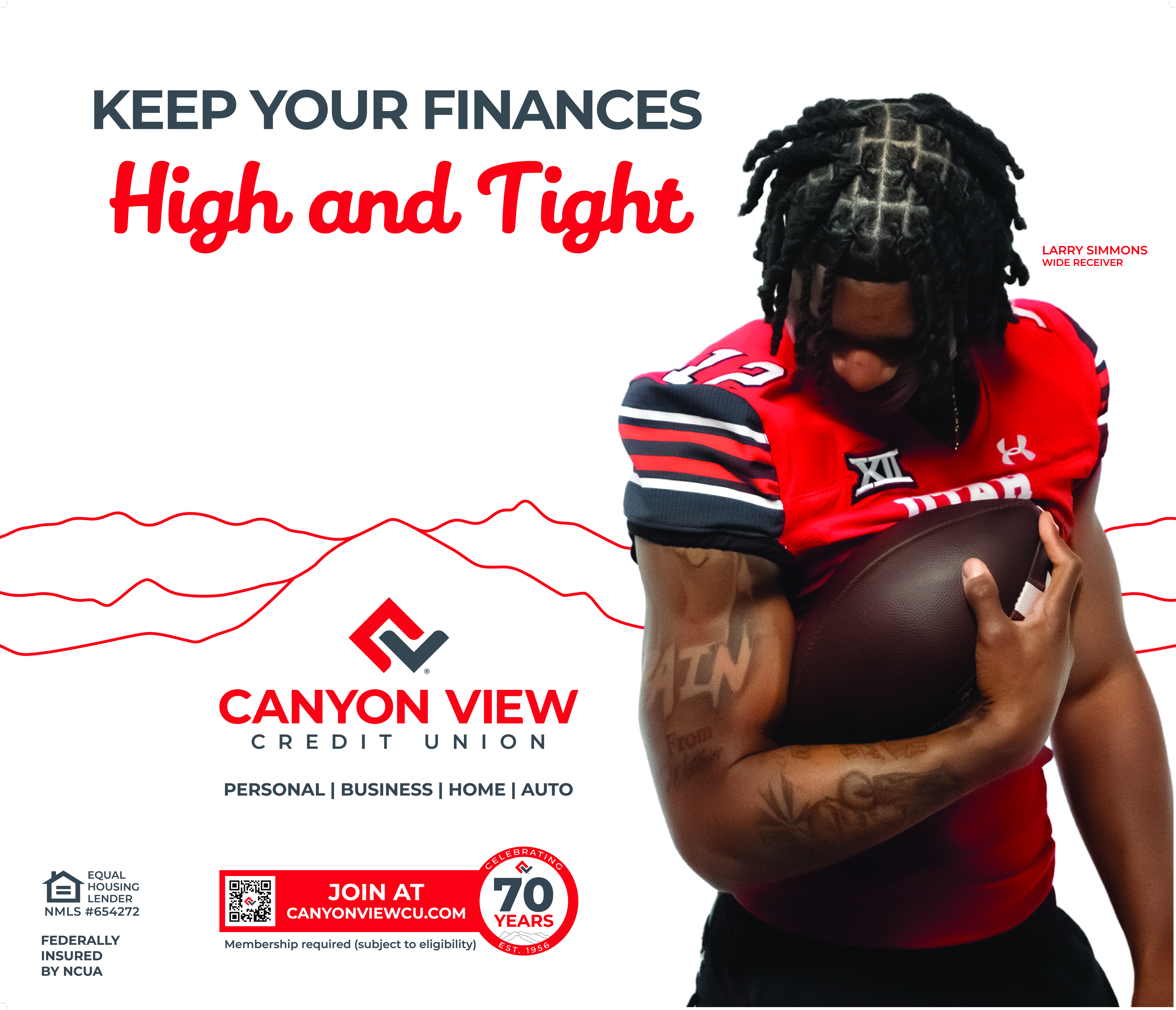 Banner reading Keep Your Finances High and Tight, Larry Simmons cradling the ball