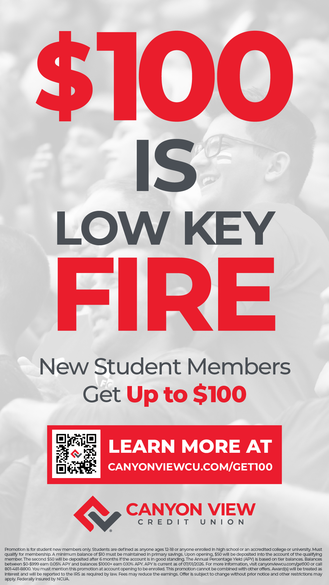 Vertical story ad, 100 dollars is Low Key Fire, over a student crowd