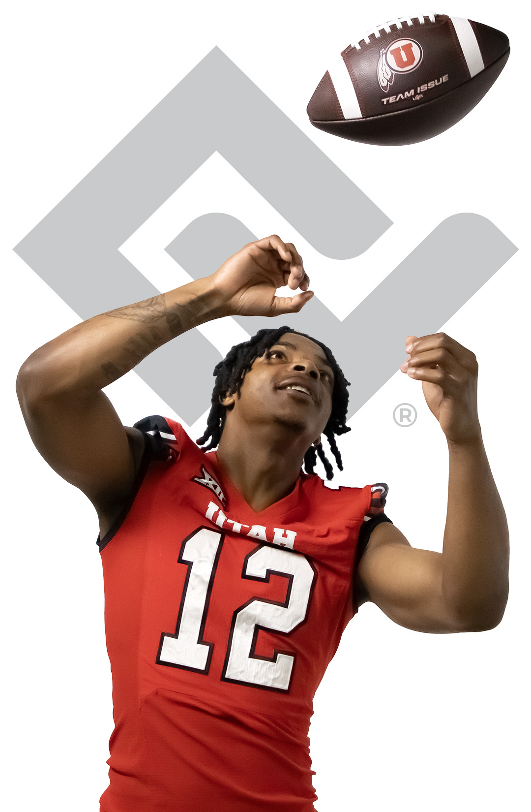 Social cutout of Larry Simmons tossing a football, with the Canyon View mark behind