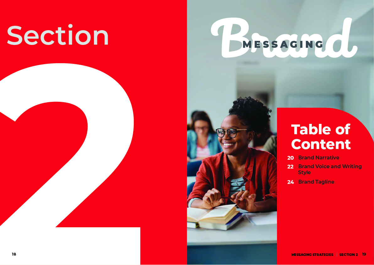 Section two opening spread, brand messaging