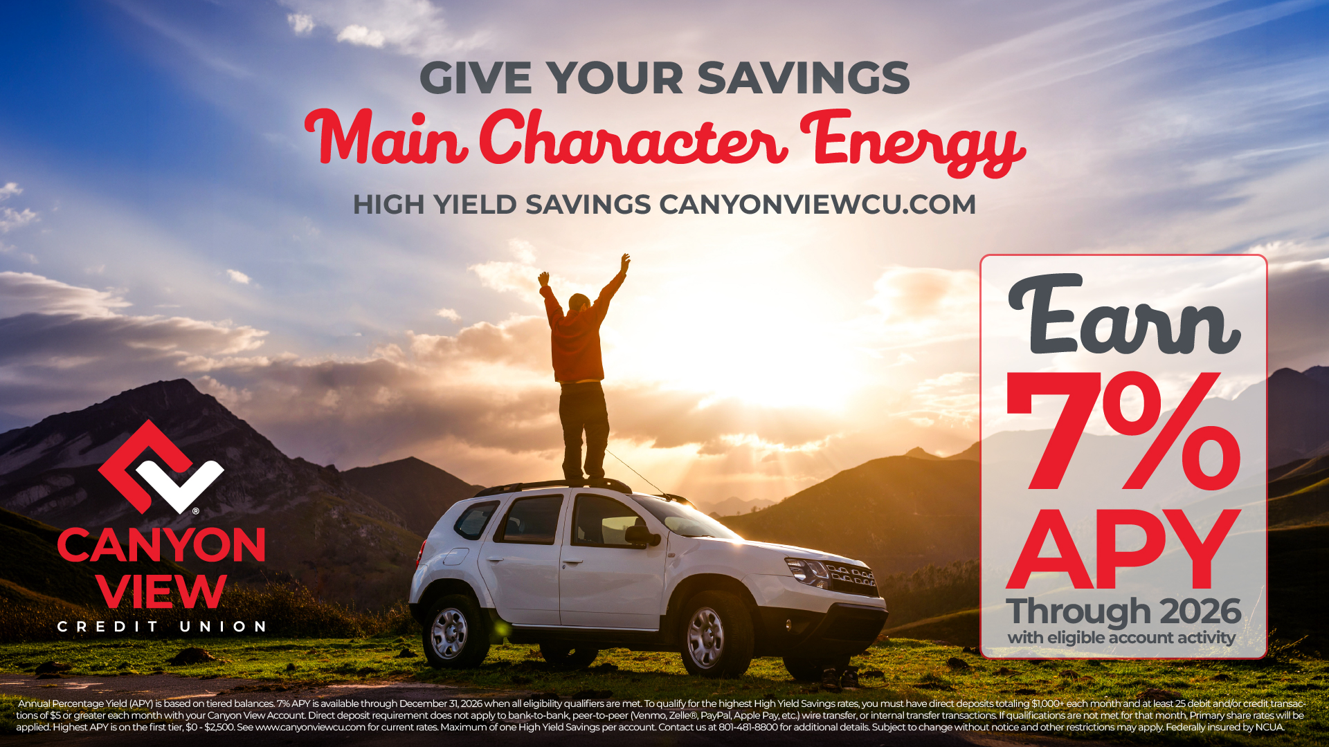 Alternate wide display, Main Character Energy, Earn 7 percent APY rate card