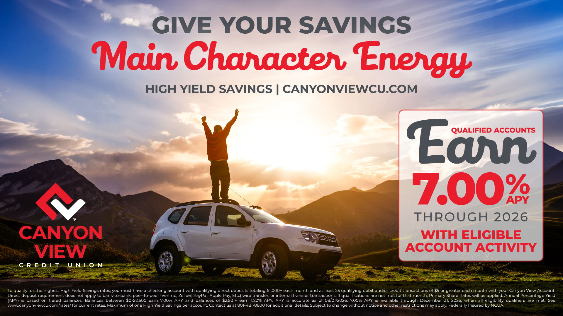 High Yield Savings key art, a man with arms raised on the roof of a car at sunrise