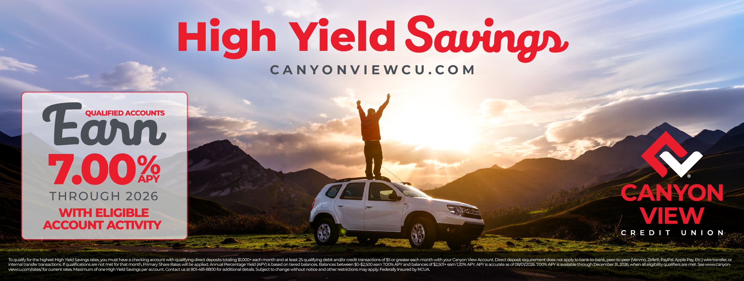 Digital board, High Yield Savings script headline with the rate card at left