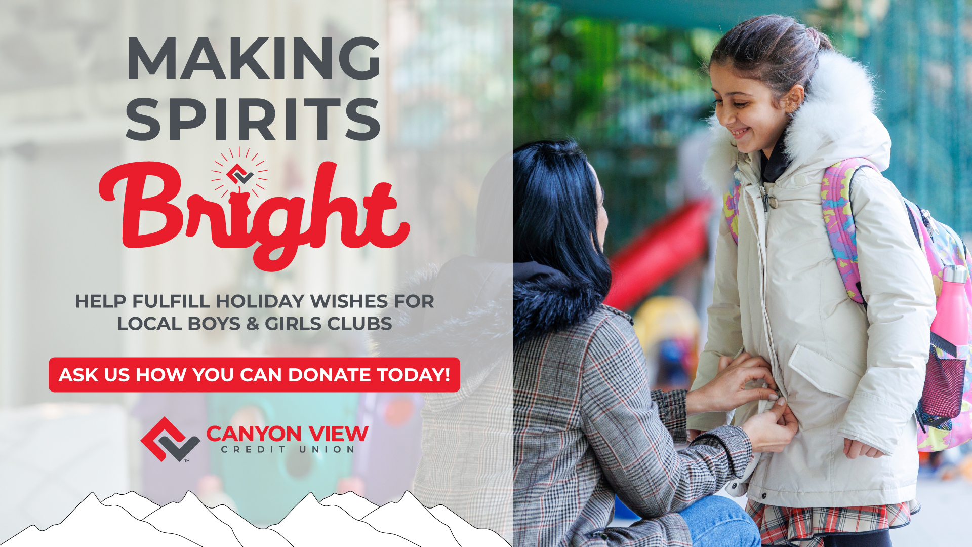 Making Spirits Bright key art, a mother zipping her daughter's coat